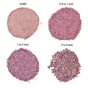 May include: Four piles of pink ruby grit, labeled with their size: Dust, 0.5 to 1 mm, 1 to 3 mm, and 3 to 5 mm.