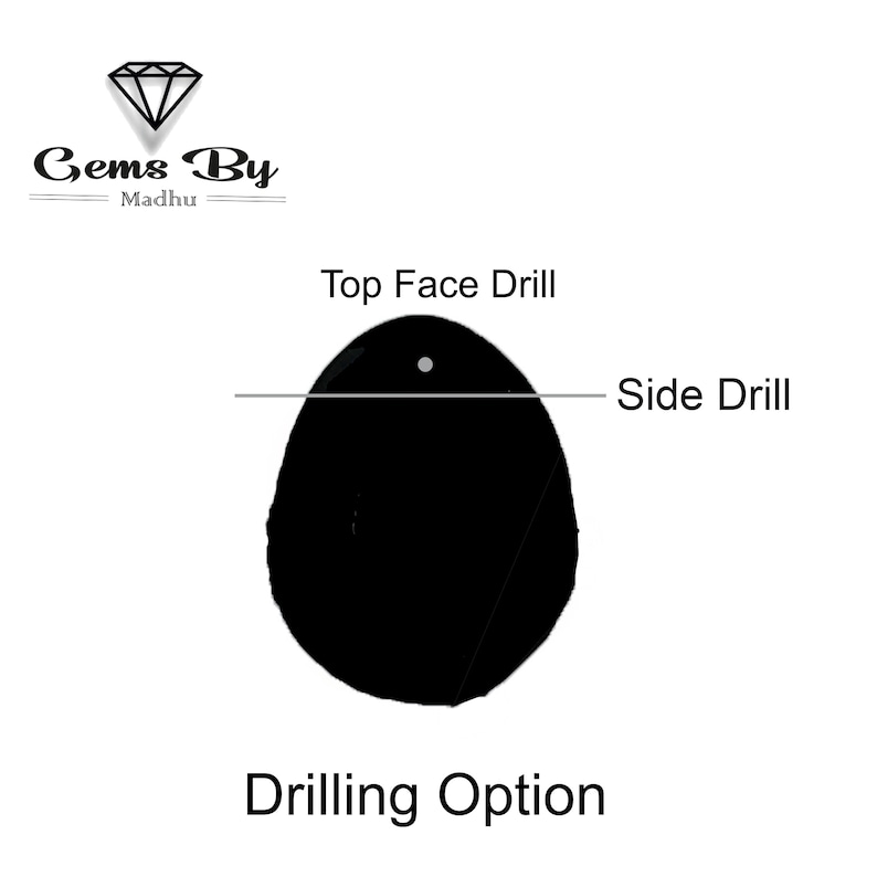 May include: Diagram showing drilling options for a gemstone. The top option is a top face drill, and the bottom option is a side drill.