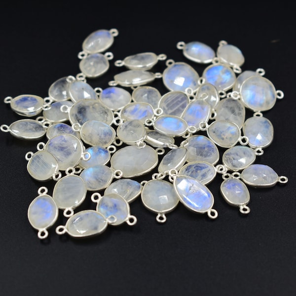 925 Sterling Silver Rainbow Moonstone Connector, Natural Rainbow Faceted Flat Back Connector, Double Side Charm Connector 7X12 mm to 9X16 mm