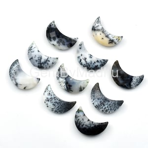 Puede incluir: Diez cabujones de ágata en forma de media luna, blancos y negros. Los cabujones miden aproximadamente 2,5 cm de largo.