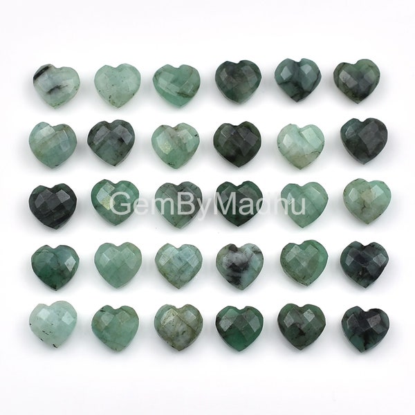 Tiny Emerald Heart Gemstone, Faceted Emerald Briolette Beads, 10 mm Fancy Heart Carving Stone For Earrings, Emerald Carving Beads