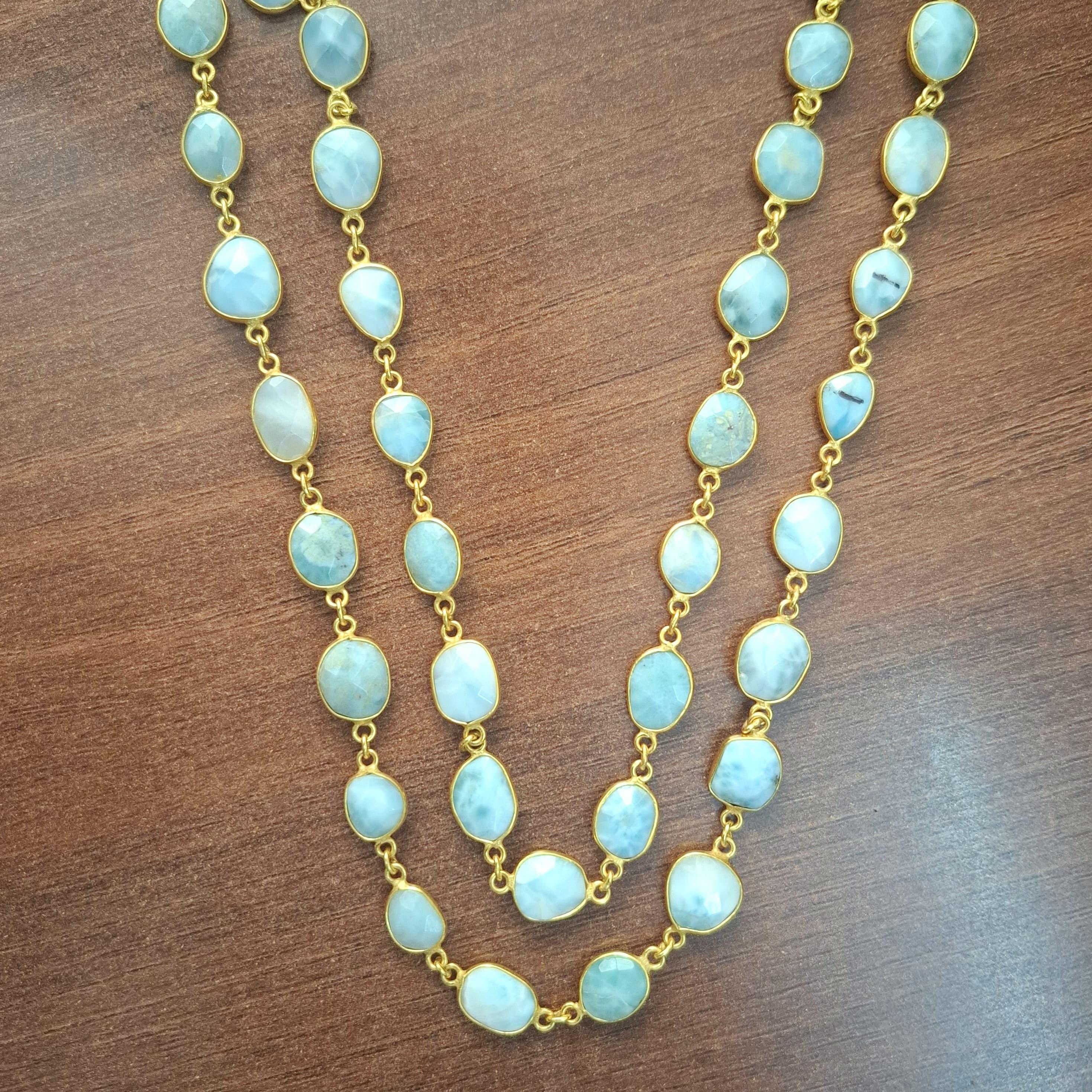 Natural Larimar Gemstone Connector Chain 7x9mm to 9x11mm Bezel
