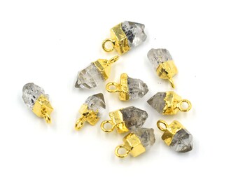 Raw Herkimer Diamond Charm Pendant, Gold Electroplated Rough Crystal Birthstone, 8-12mm Natural Gemstone Single Loop, April Birthstone Charm