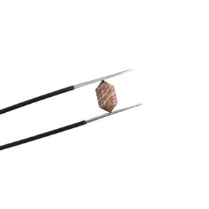 May include: A small, hexagonal gemstone with a striped pattern of reddish-brown and cream colours is held by a pair of tweezers. The gemstone is the focal point against a plain white background. The tweezers have black handles and silver tips.