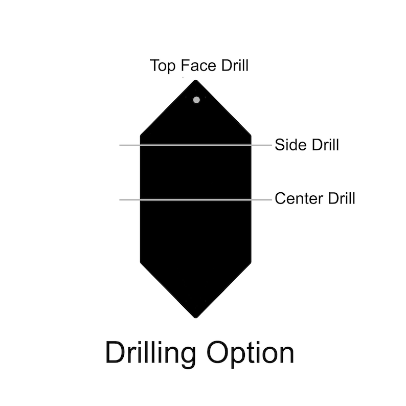 May include: A black, geometric shape with the text "Top Face Drill," "Side Drill," and "Center Drill." The words "Drilling Option" are at the bottom. The shape has a hole at the top.