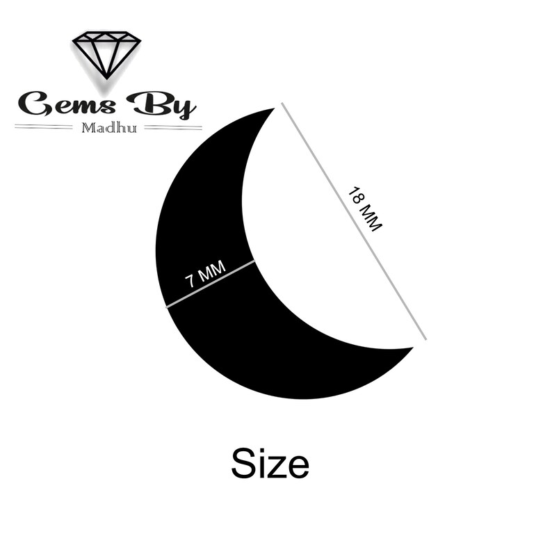 May include: A black crescent moon shape with a 7 mm width and 18 mm height. The shape is outlined in white and the text "Size" is written below it.