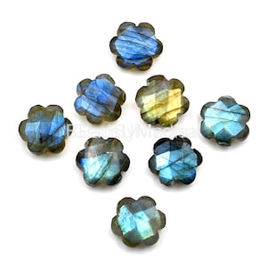 Natural Gemstone Carvings Blue Flashy Labradorite Stone, Natural Fire 10 MM Carved Clover Briolette Faceted Gemstone, Intricately Carved Gem