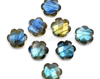 Natural Gemstone Carvings Blue Flashy Labradorite Stone, Natural Fire 10 MM Carved Clover Briolette Faceted Gemstone, Intricately Carved Gem