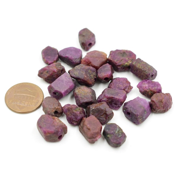 Genuine Ruby Raw Rough Stone, 10 to 15 mm Small Ruby Raw Chunks, 2 mm Hole Front Drill Stone For Jewelry Making, 5 Pieces