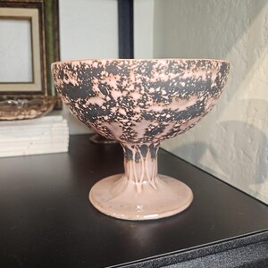 Vintage Horton Ceramics Pedestal Bowl | Pink Black Spatter Compote Dish | Mid Century Modern Planter
