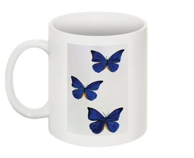 Mug Blanc en Céramique Motif Imprimé Papillons Fait Main à L'aquarelle