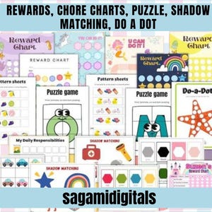 Könnte beinhalten: Eine Sammlung von druckbaren Lernaktivitätsblättern, darunter Belohnungstabellen, Puzzlespiele und Schattenzuordnungsübungen. Die Blätter zeigen farbenfrohe Illustrationen und den Text "REWARDS, CHORE CHARTS, PUZZLE, SHADOW MATCHING, DO A DOT" und "sagamidigitals".