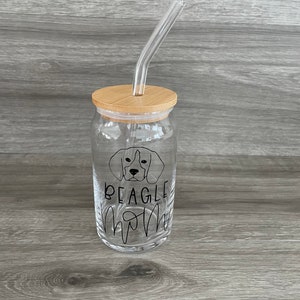 Beagle Mom can glass, glass can with bamboo lid, Birthday dog gift, Beagle mom