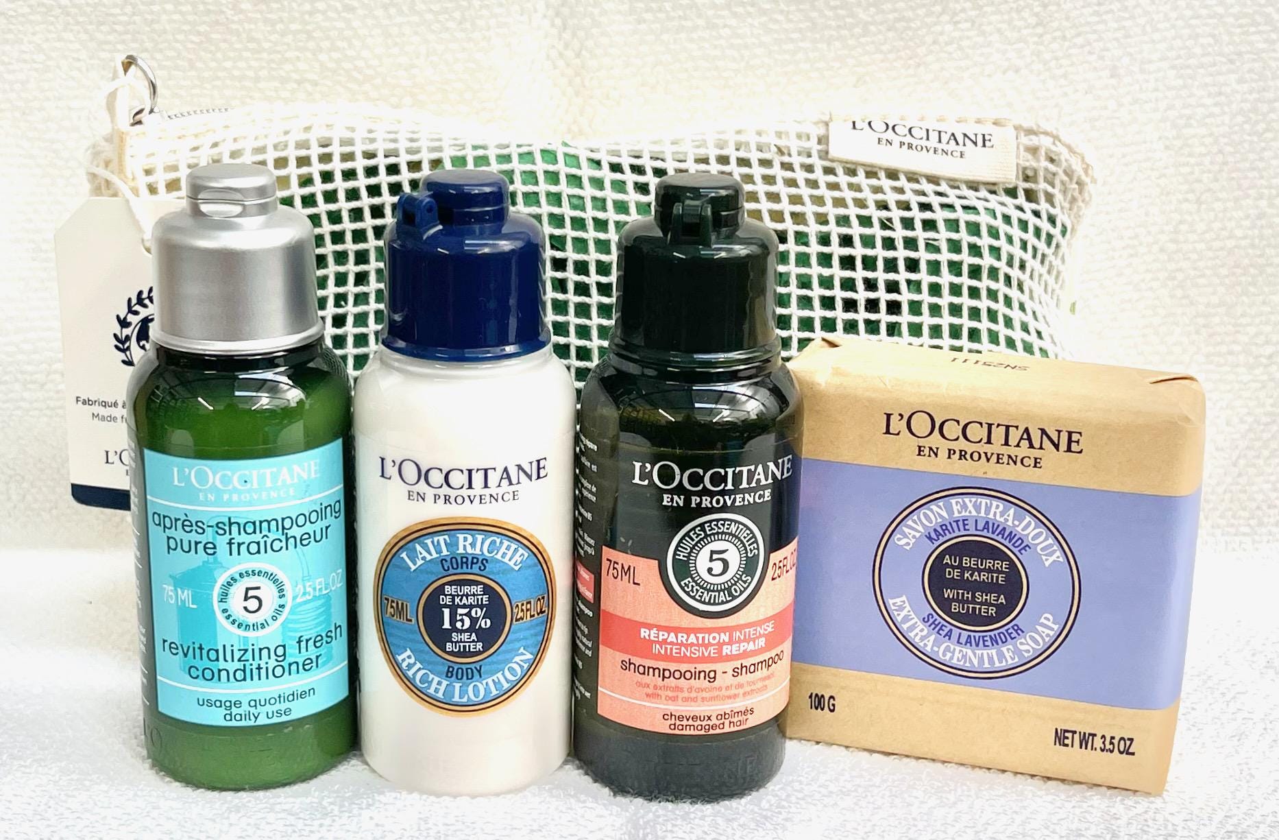 L'Occitane Pamper Gift Bag - (3 x 75mls, 100g Soap & Travel Bag) Gift -Gifts for Wife - Mum-Grandma -Pamper Gift-Hug in a box Birthday Gift