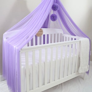 Purple Tulle Crib Canopy with Pompoms - Nursery Baldachin