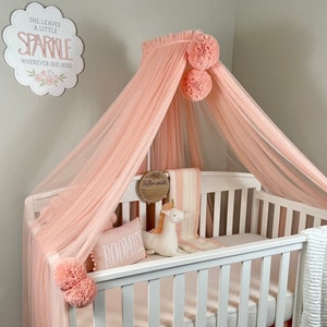 Coral Crib Canopy: Soft Tulle Nursery Baldachin with Pompoms