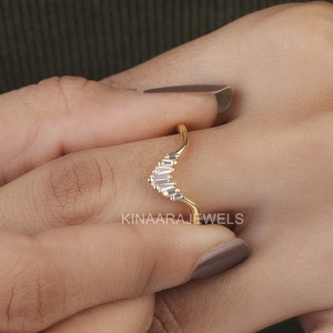 Curved Wedding Band Ring, Chevron V Band, Baguette Lab Diamond Wedding Band, Matching Rings, Yellow Gold V Shaped Ring, Stackable Ring