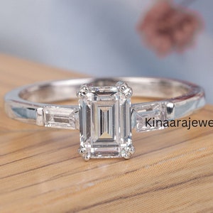 1.5 Carat IGI Certified EF Color VS Clarity Emerald Cut Lab Grown Diamond Three Stone Engagement Ring, Side Baguettes 14k White Gold