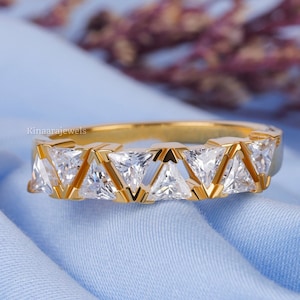 Triangle Cut Wedding Eternity Band, 1.6 CT Triangle Moissanite Band, 14K Yellow Gold Band, Anniversary Gift For Her, Half Eternity Band