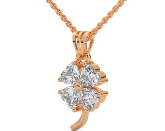 Four-heart lab-grown diamond pendant, 14k gold 4-leaf clover pendant necklace, Dainty lucky clover charm necklace with button prong setting