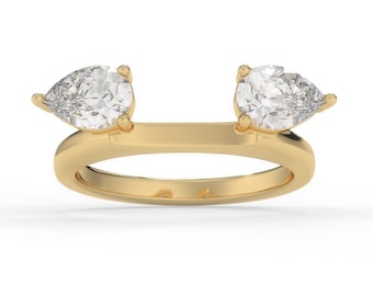 Pear Diamond Wrap Wedding Ring Enhancer Solitaire Gold Ring, Custom Double Pear Diamond Contour Band, Double Pear Diamond Ring Enhancer