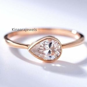 Pear Cut Solitaire East West Lab Grown Diamond Ring, 14K Rose Gold, 1.0 CT Solitaire Engagement Ring, Bezel Set Ring, Dainty Promise Ring