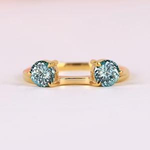 Cyan Blue Portuguese Two Stone Guard Ring, Round Moissanite Wrap Wedding Ring Enhancer Jacket, Round Two Stone Ring, Guard Stacking Band