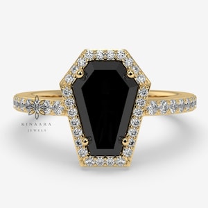 2.00 CT Black Coffin Cut Moissanite Ring, Black Coffin Ring For Anniversary Gift, Yellow Gold Ring, Halo Engagement Ring Wedding Bridal Ring