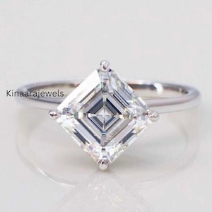 Asscher Cut Solitaire Lab Grown Hidden Halo Engagement Ring, Solitaire Ring, 2.30 CT Diamond, 14K White Gold Ring Promise Gift For Her