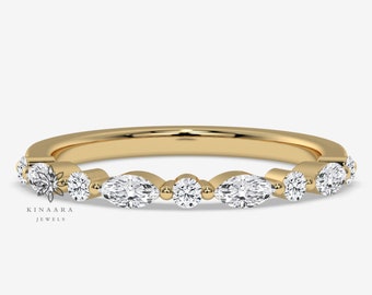 Round and Marquise Moissanite Half Eternity Wedding Band, 14K Yellow Gold Stackable Engagement Ring, Matching Band Anniversary Gifts for Her