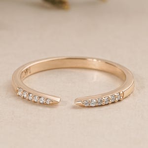 Open Cuff Diamond Wedding Band, 14K Gold Wedding Band, Dainty Stacking Ring, Lab Grown Diamond Band Solid Gold Matching Stackable Band