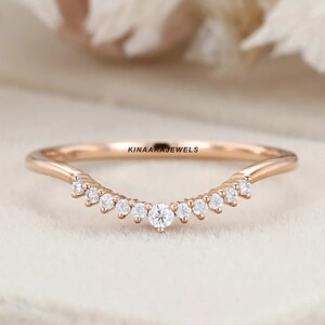 Curved Rose Gold Wedding Band, Lab Grown Diamond Chevron Ring