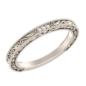 Vintage Style Filigree Wedding Band, Vintage Engraved Diamond Wedding Art Deco Band, 14K White Gold Vine Filigree Milgrain Stacking Ring