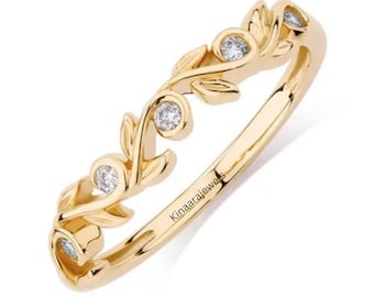 Anillo de bodas de oro rosa con forma de vid y hoja de diamantes cultivados en laboratorio