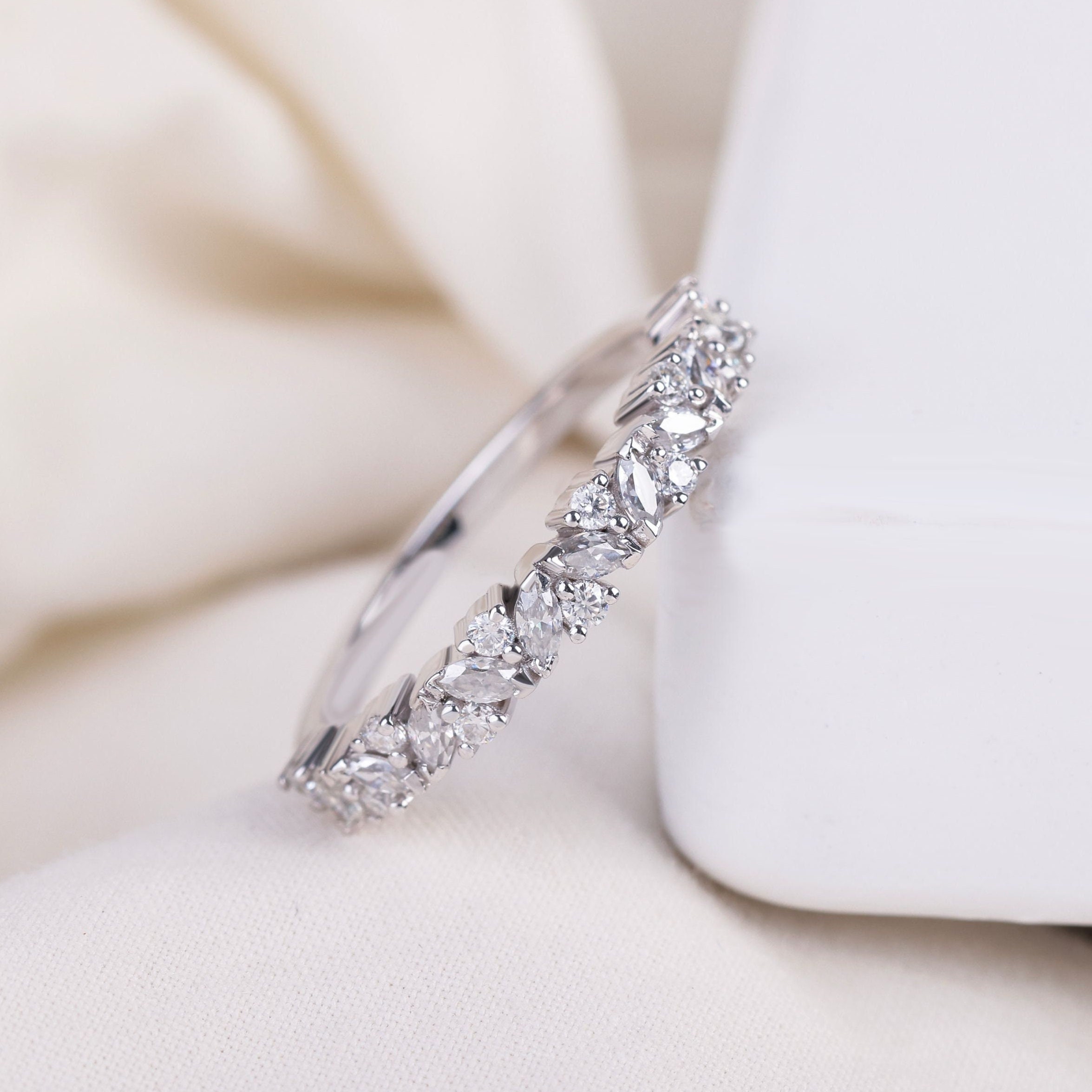 Round & Marquise Cut Half Eternity Lab Grown Diamond Wedding Band, 1 Ct ...