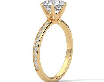 2.00 CT Round Lab Grown Diamond Six Prong Engagement Ring, Pavé Band