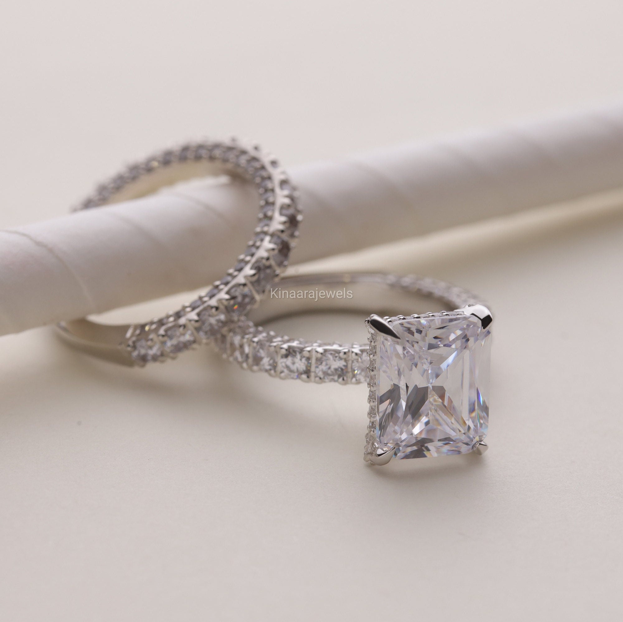 Radiant Cut Moissanite Engagement Ring Set, 14k Gold Hidden Halo Bridal ...