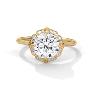 Round Cut Moissanite Engagement Ring, 2 Carat Moissanite Diamond Ring, Unique Floral Halo Bridal Ring, Anniversary Gifts/Ring.