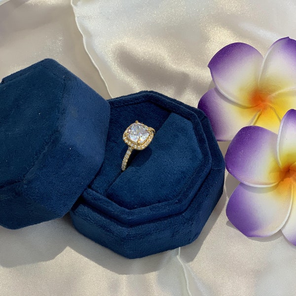 Octagon Velvet Ring Box Luxury Blue Ring Box Single Slot Hexagon for Wedding Ceremony Modern Ring Box