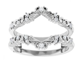 Art Deco Enhancer Antique Wedding Band, Guard Lab Grown Diamond Ring Jacket, Open Space Ring For Her, 14K White Gold Wedding Band