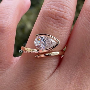 2 CT Pear Cut Solitaire Lab Grown Diamond Half Bezel Ring, Bypass Gold Ring, 14K Yellow Gold, East West Pear Ring, Fancy Gold Ring