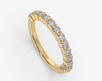 Alianza de boda de media eternidad con diamantes redondos cultivados en laboratorio, regalo de aniversario para ella, anillo apilable de oro blanco, oro rosa y oro amarillo