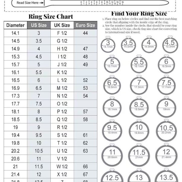 Druckbare Diamant Ring Sizer Druckbare Ring Sizer Ring Size Finder Ringgröße Messen International Ring Size Chart Instant Download