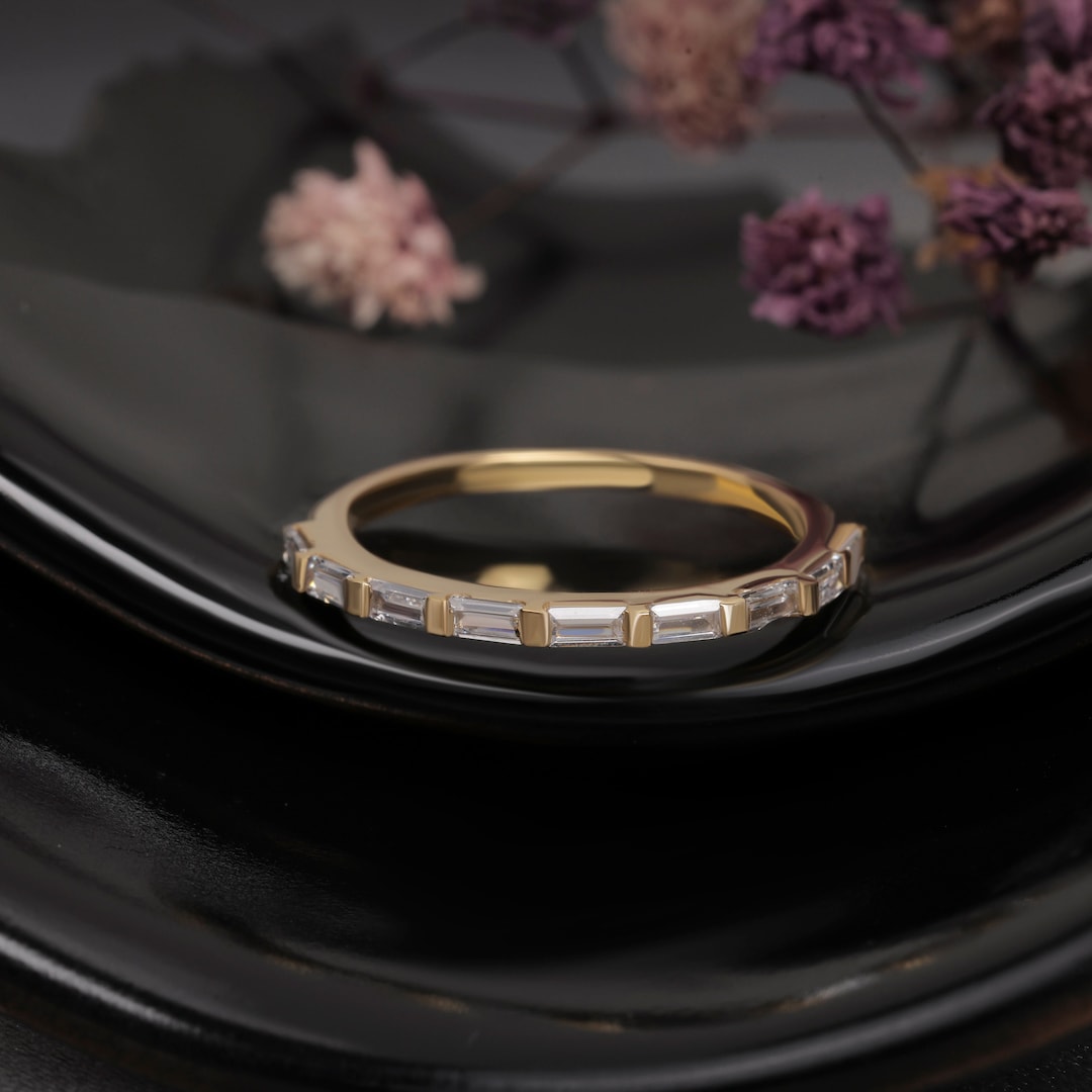 Baguette Lab Grown Diamond Wedding Band, 14K Yellow Gold Half Eternity ...