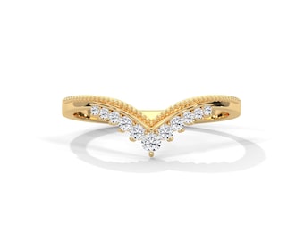 Vintage Ehering mit geschwungenem Diamant, Zierlicher Chevron-Stacking-Ring, einzigartiger Moissanit-Jubiläumsring, 14K Gelbgold-Versprechensring.