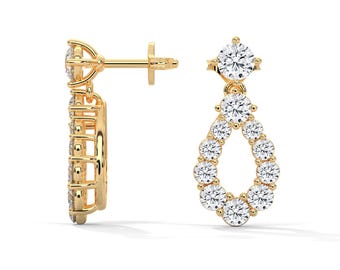 Round Diamond Drop Earrings, 14K Gold Dainty Lab Grown Diamond Drop Earrings, Bridal Earrings Vintage Bridal Jewelry, Special Gift for Women