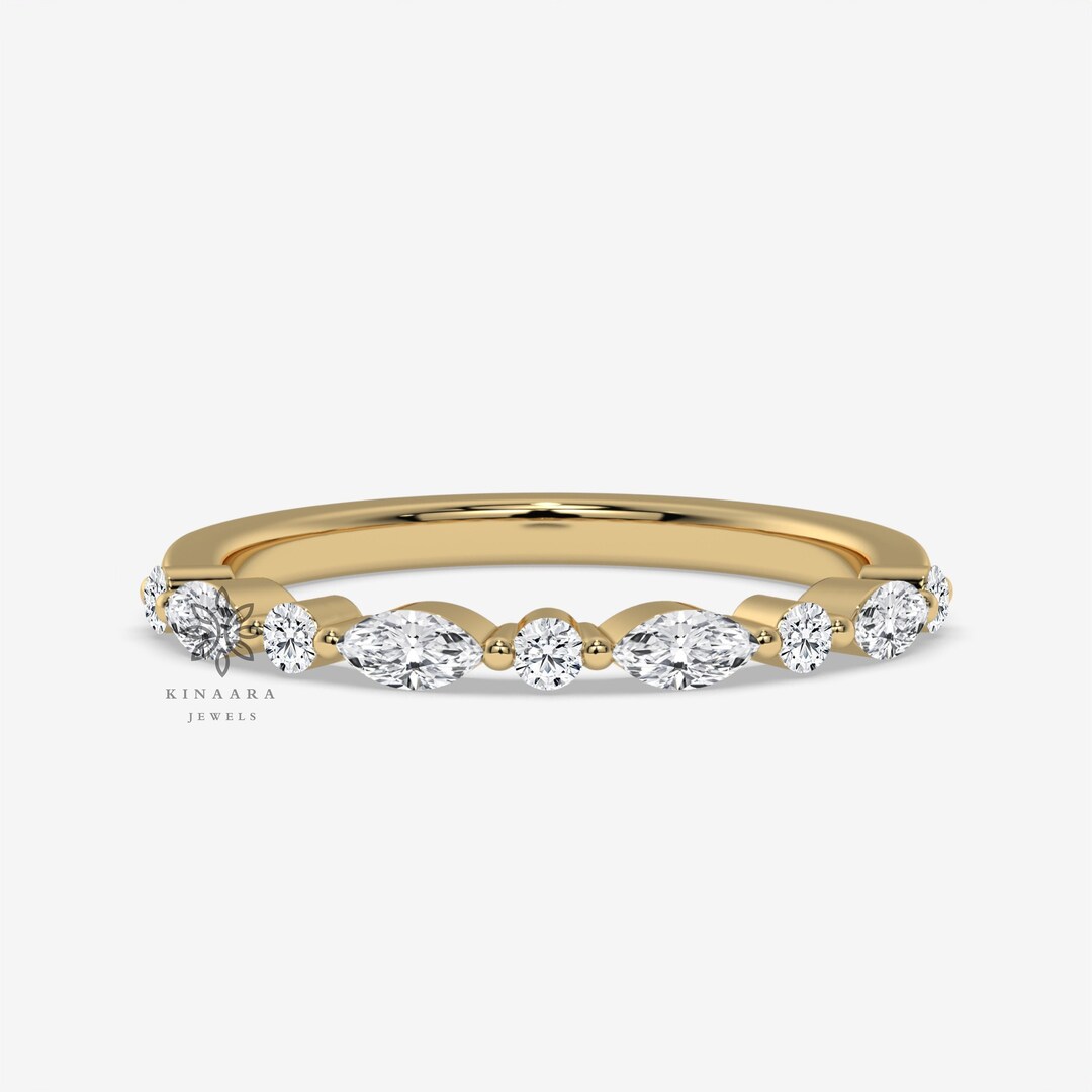 Round and Marquise Moissanite Half Eternity Wedding Band, 14K Yellow ...