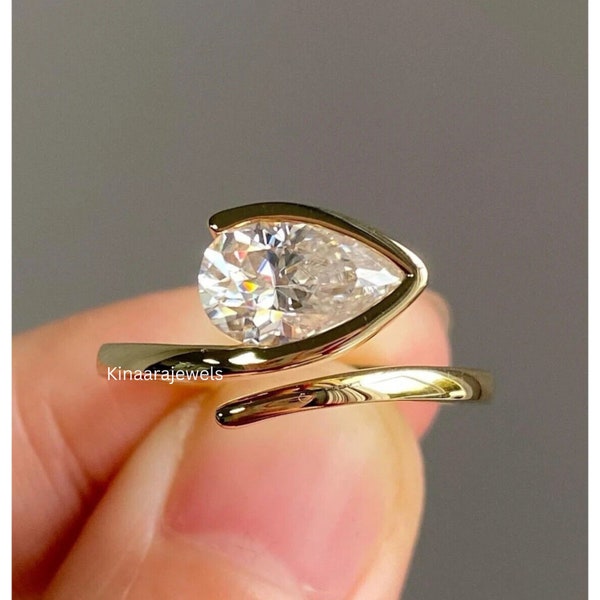 2.00 CT Pear Cut Lab Grown Diamond Ring Solitaire Ring Bypass Ring Gold East West Pear Ring Gold Fancy Ring