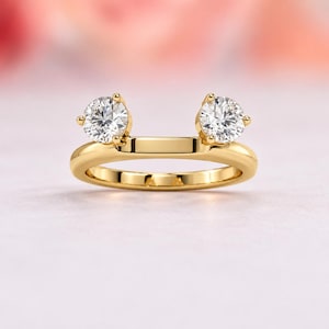 Round Moissanite Wrap Wedding Ring Enhancer Solitaire Gold Ring, Moissanite Two Stone Ring, Guard Stacking Band, Matching Ring