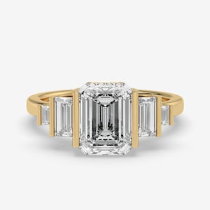 2.50CT Emerald Cut Lab Grown Diamond Ring, Five Stone Engagement Ring, Bar Set Multi Diamond Wedding Ring, 14K Yellow Gold Ring For Woman